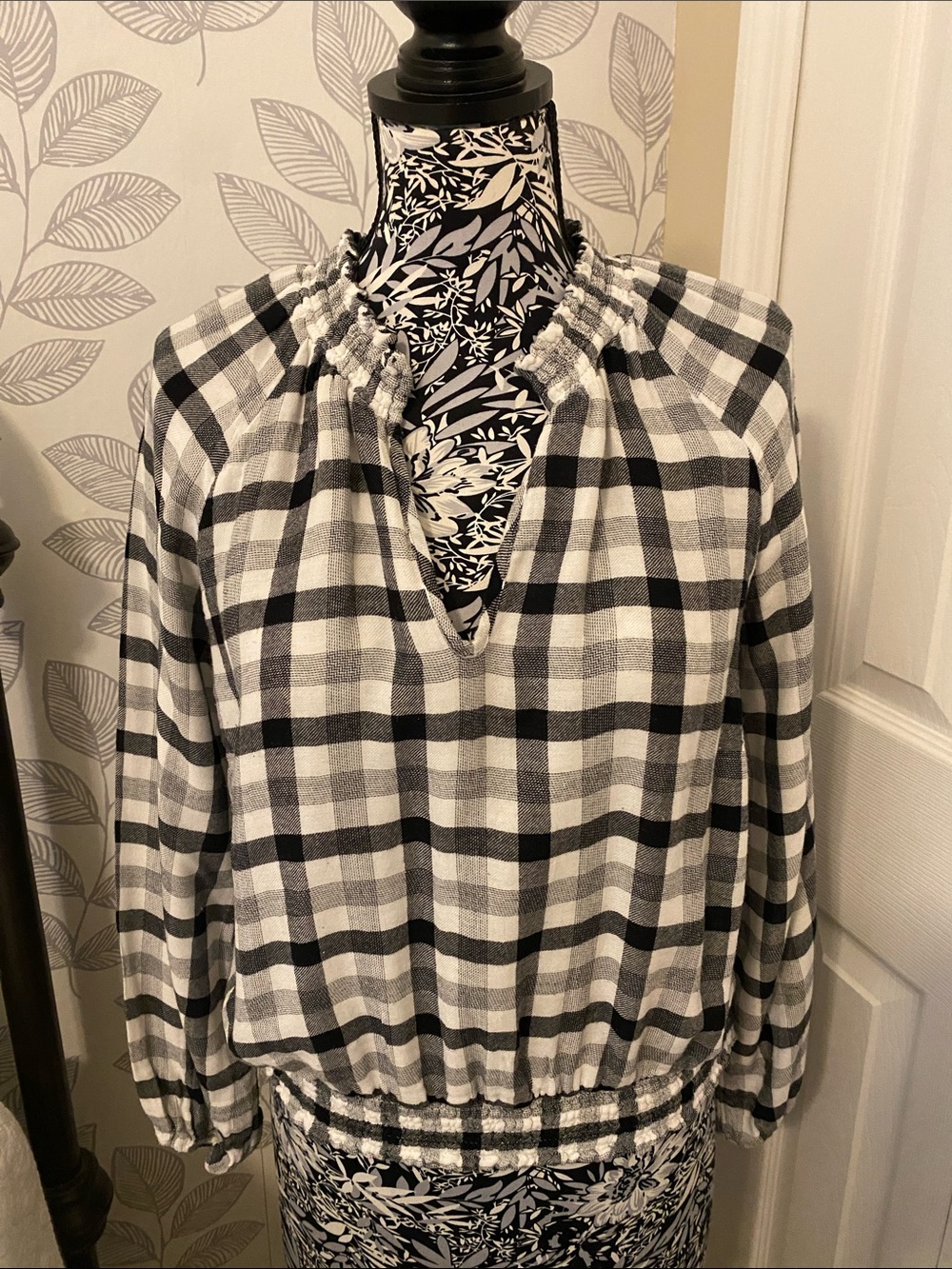 Anthropologie Cloth & Stone Sara Plaid Blouse black & white gingham check print